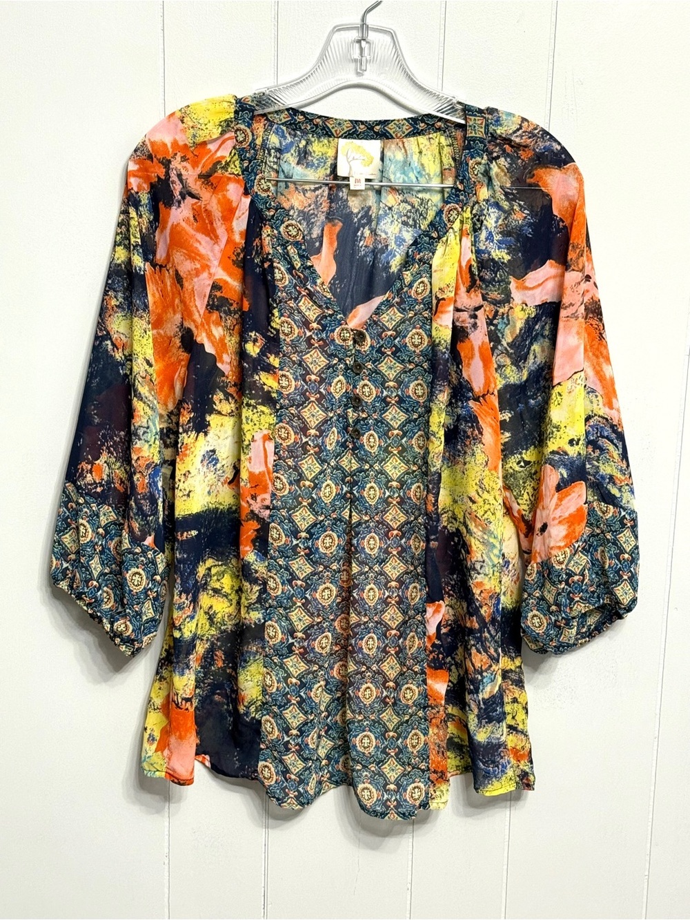 #17) fig and flower Navy Multi-Color Half Button Front Blouse